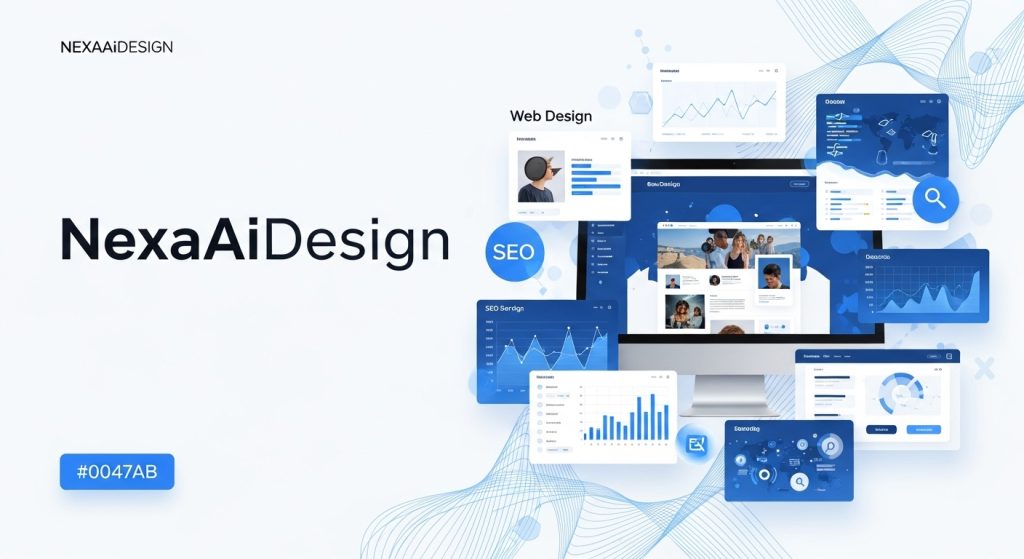 Futuristic hero section image for NexaAiDesign featuring bold brand name, web design interface, SEO dashboards, coding lines, and digital marketing elements in blue color on white background.