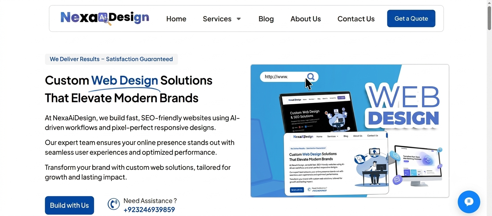 Custom web design solutions homepage example by NexaAiDesign